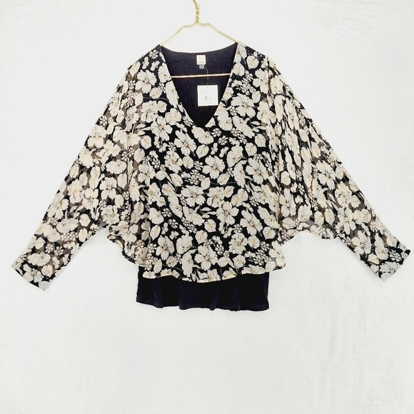 a.moon Floral Print Black & White Long Sleeve Blouse Top 1252 - Picture 1 of 9